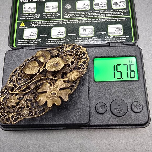 VTG Art Nouveau Floral Filigree Sash Pin 4" Stamped Brass C Clasp Brooch - Picture 8 of 8